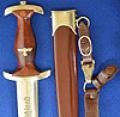 SA DAGGER 1933 MODEL BY MALSCH & AMBRONN COMPLETE WITH SCARCE 3 PEACE LEATHER VERTICAL HANGER.