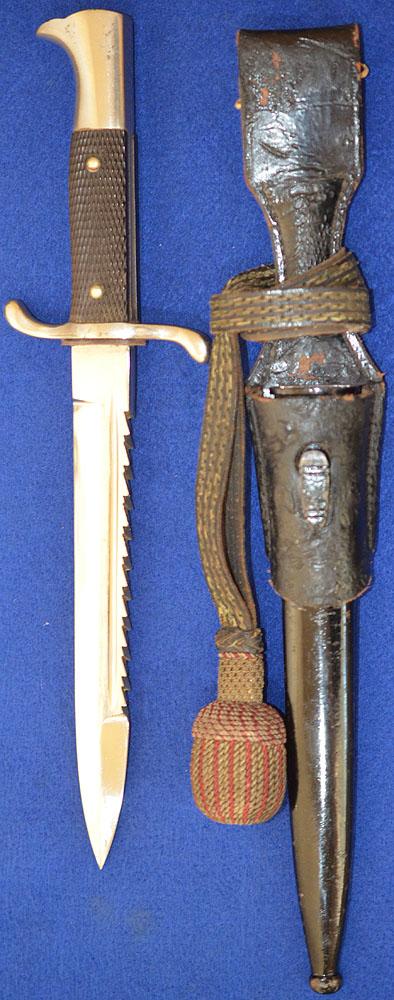 THIRD REICH SHORT MODEL FIRE SERVICE BAYONET WITH RARE SAWBACK BLADE BY EICKHORN COMPLETE WITH FROG 