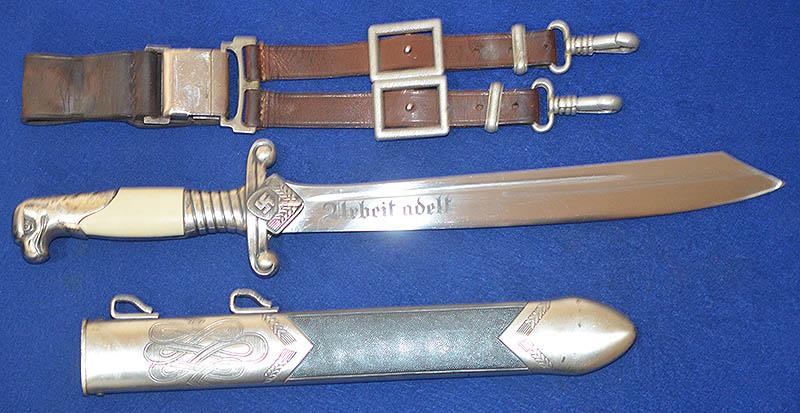 RAD OFFICERS DAGGER BY EICKHORN COMPLETE WITH HANGER AND RARE BELT LOOP.