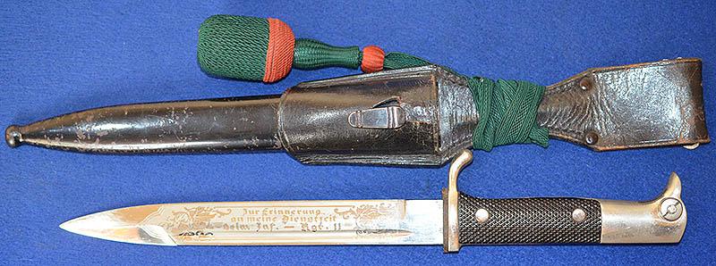 THIRD REICH ARMY NCO INFANTRY REGIMENT 11 ETCHED PARADE BAYONET BY PACK COMPLETE WITH FROG AND KNOT.