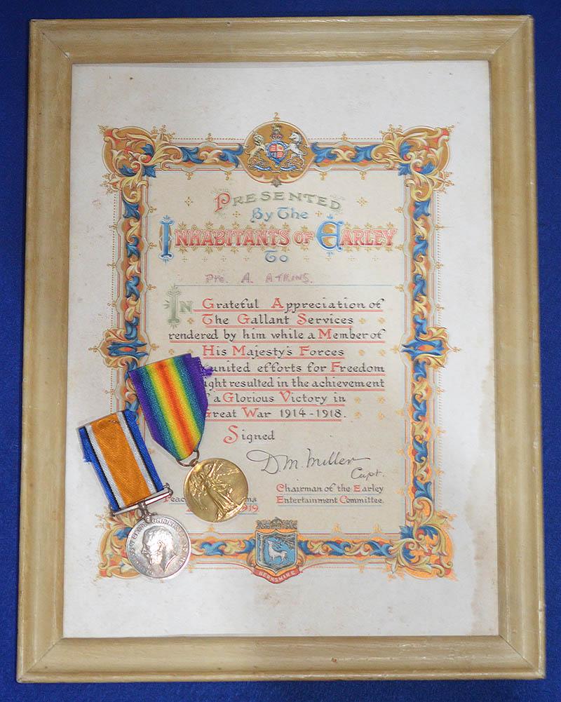 PAIR OF BRITISH WW1 MEDALS WITH LARGE ORNATE MILITARY SERVICE CITATION FROM THE COUNTY OF BERKSHIRE.