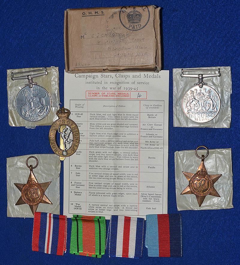 SET OF 4 BRITISH MEDALS WITH ISSUE BOX AND CITATION WITH OWNERS NAME AND DETAILS.