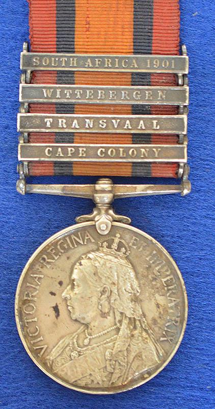 BRITISH QUEENS SOUTH AFRICA BOAR WAR MEDAL FOR THE WILTSHIRE REGIMENT WITH FOUR BARS.