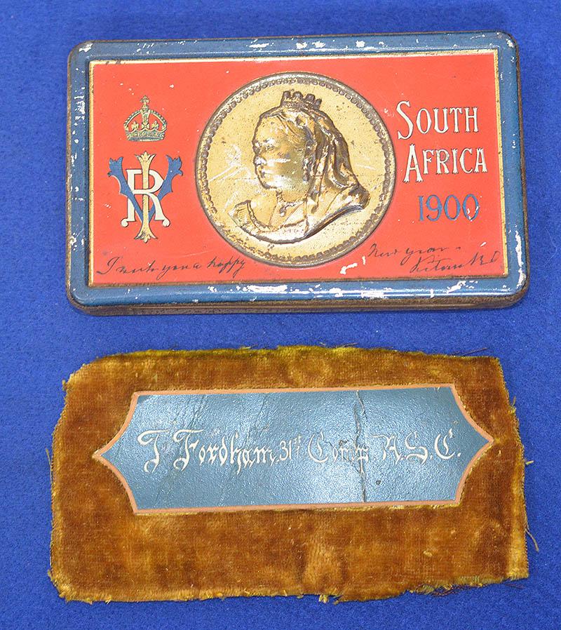 QUEEN VICTORIA 1900 SOUTH AFRICA CHOCOLATE TIN WITH ORIGINAL OWNERS DETAILS.