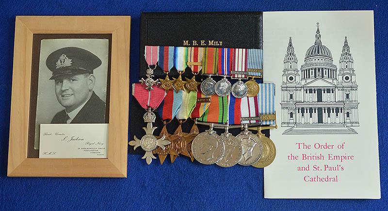 WW2 GROUP OF EIGHT MEDALS AWARDED TO LIEUTENANT COMMANDER LIONEL JACKSON M.B.E,  TOGETHER WITH A LARGE ARCHIVE OF DOCUMENTS AND PHOTOGRAPHS.