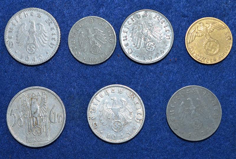 COLLECTION OF SEVEN THIRD REICH COINS.