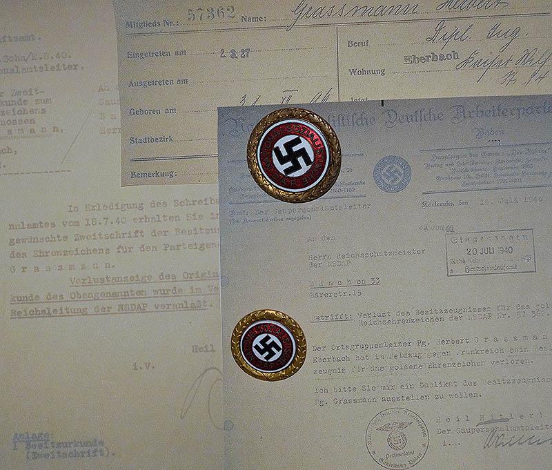 NSDAP GOLD PARTY BADGE SET BELONGING TO A POLITICAL LEADER.