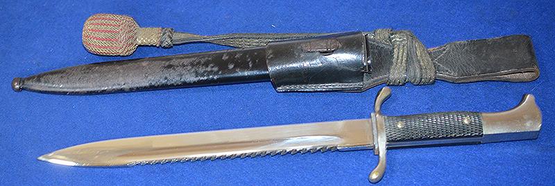 THIRD REICH FIRE SERVICE SIDARM WITH SAW BACK BLADE BY KOBER COMPLETE WITH FROG AND KNOT.