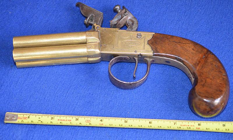 ANTIQUE ENGLISH FLINTLOCK FOUR BARREL VOLLEY PISTOL BY KETLAND.