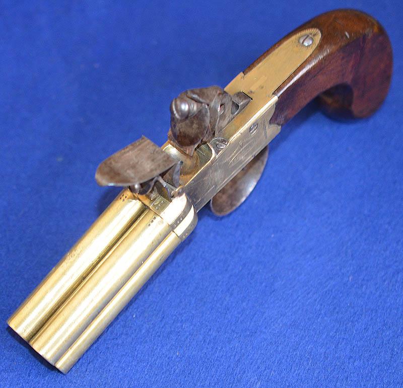 ANTIQUE ENGLISH FLINTLOCK FOUR BARREL VOLLEY PISTOL BY KETLAND.