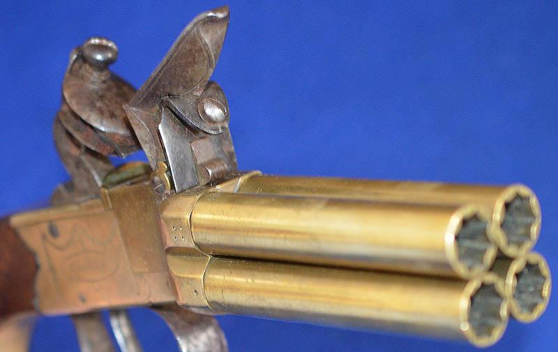 ANTIQUE ENGLISH FLINTLOCK FOUR BARREL VOLLEY PISTOL BY KETLAND.