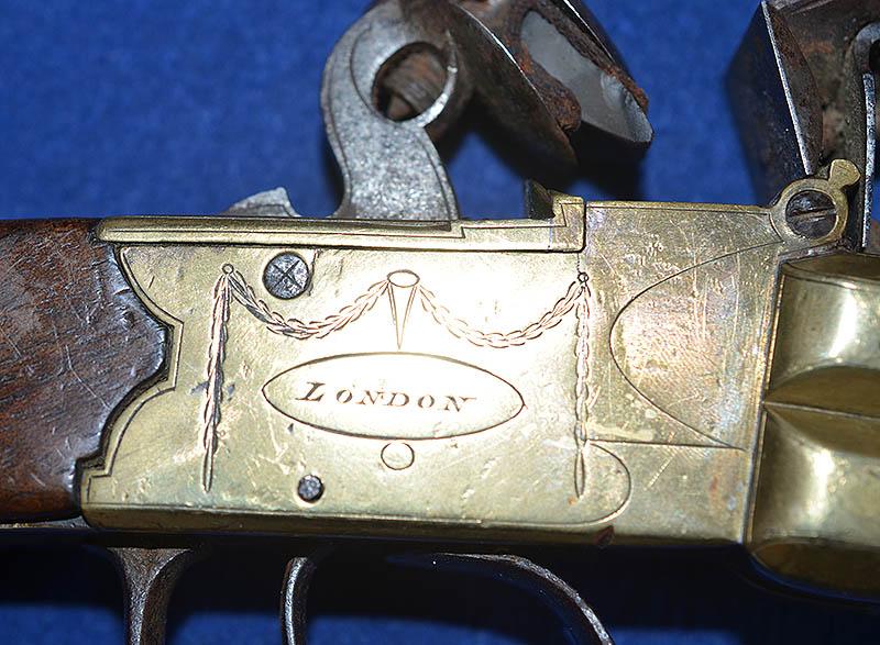 ANTIQUE ENGLISH FLINTLOCK FOUR BARREL VOLLEY PISTOL BY KETLAND.
