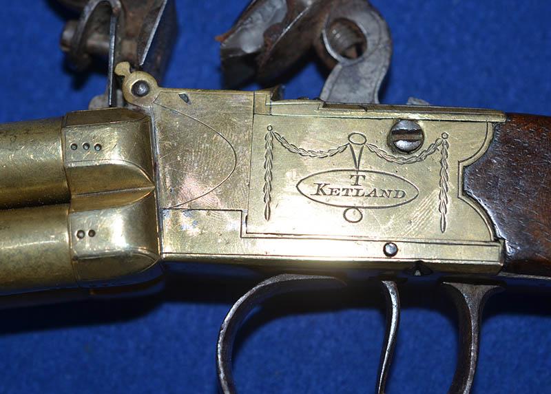 ANTIQUE ENGLISH FLINTLOCK FOUR BARREL VOLLEY PISTOL BY KETLAND.