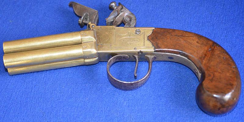 ANTIQUE ENGLISH FLINTLOCK FOUR BARREL VOLLEY PISTOL BY KETLAND.