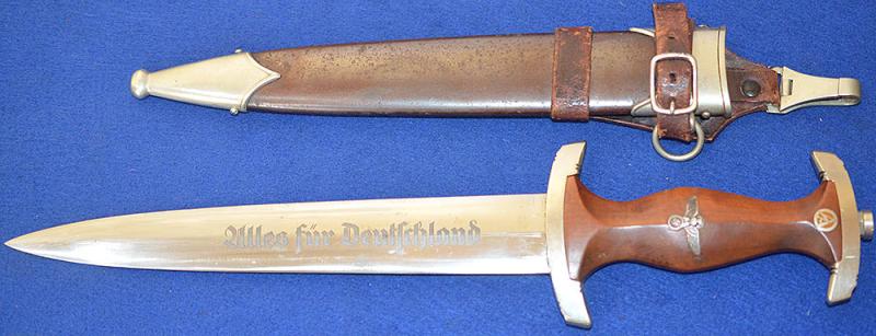 SA DAGGER 1933 MODEL BY WINGEN COMPLETE WITH RARE BROWN LEATHER FROG HANGER.