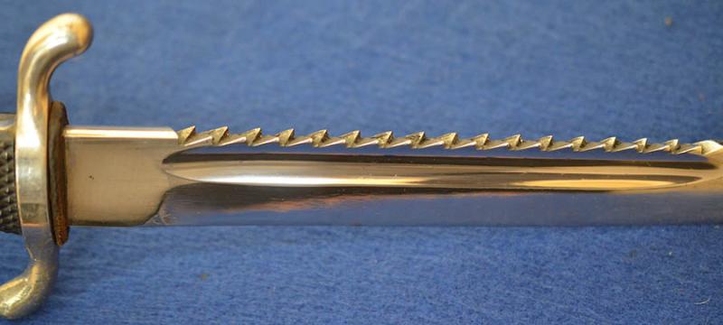 THIRD REICH NCO SHORT MODEL FIRE SERVICE BAYONET WITH MINT SAWBACK BLADE COMPLETE WITH FROG AND KNOT.