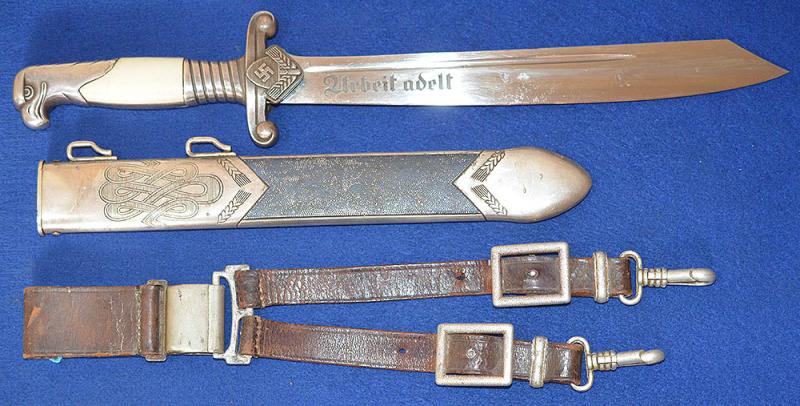 RAD OFFICERS DAGGER BY EICKHORN COMPLETE WITH STRAPS AND RARE BELT LOOP.
