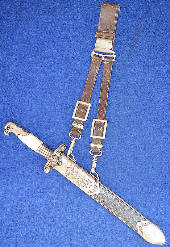 RAD OFFICERS DAGGER BY EICKHORN COMPLETE WITH STRAPS AND RARE BELT LOOP.