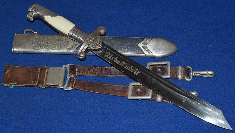 RAD OFFICERS DAGGER BY EICKHORN COMPLETE WITH STRAPS AND RARE BELT LOOP.