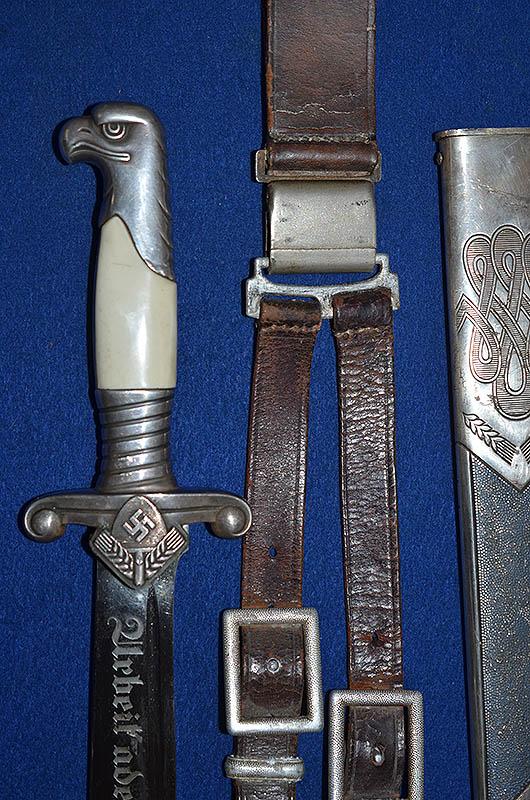 RAD OFFICERS DAGGER BY EICKHORN COMPLETE WITH STRAPS AND RARE BELT LOOP.