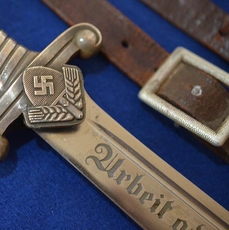 RAD OFFICERS DAGGER BY EICKHORN COMPLETE WITH STRAPS AND RARE BELT LOOP.